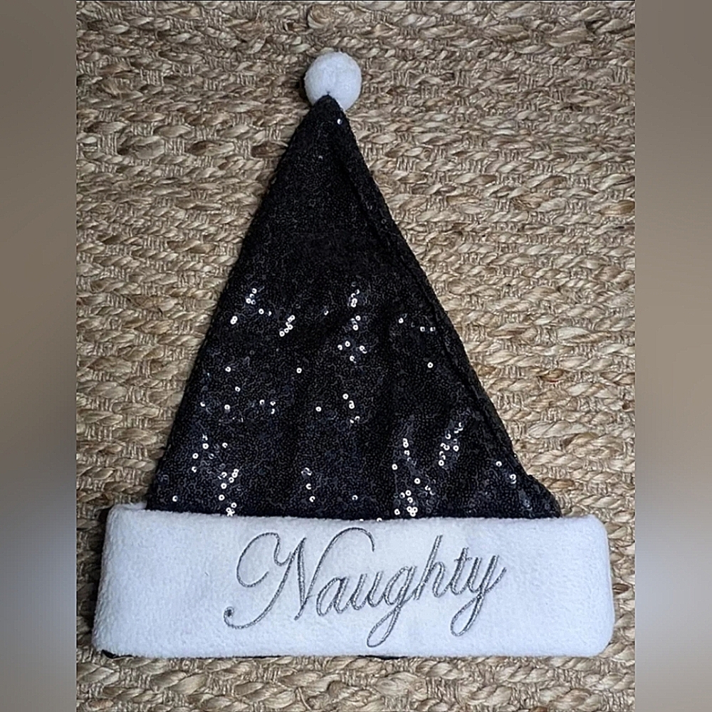 NAUGHTY Adult Christmas Santa Hat Black Sequins White Trim. Embroidered